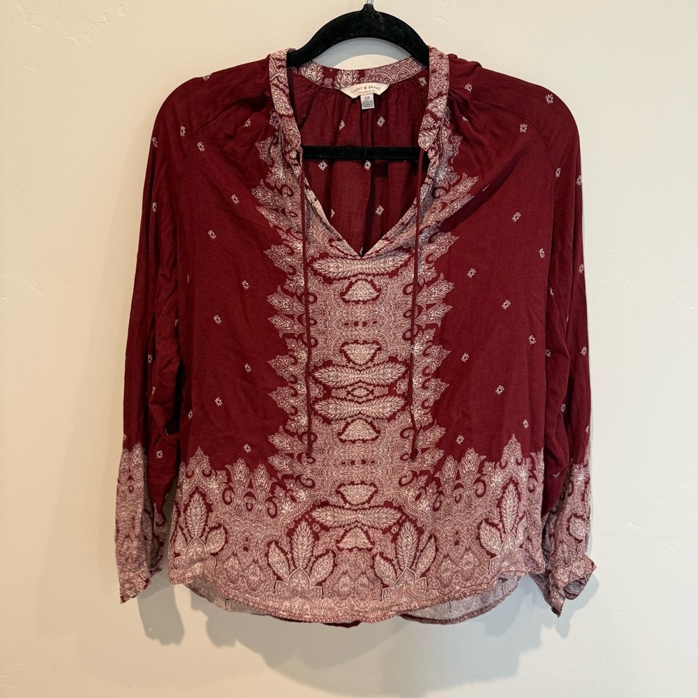 Lucky Brand Boho Red Patterned Blouse Top Womens Size Small Festive Christmas